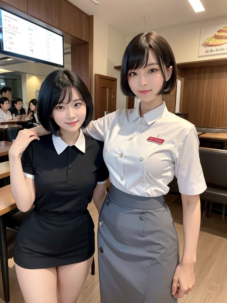 Highest quality、masterpiece、8k、Very detailed、Realistic、Looking at me with a smile、whole body、Black Hair、Short Hair、Small face、Slender、Big Breasts、Thin and beautiful legs、narrow and constricted waist,、(Family Restaurant Uniforms:1.2)