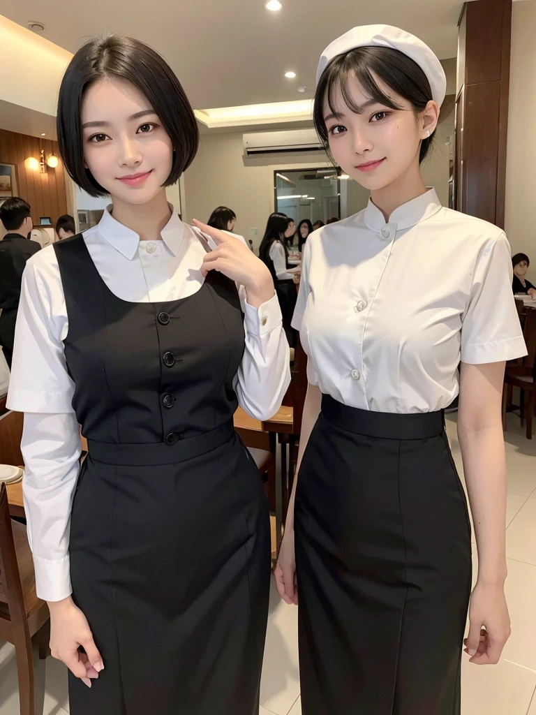Highest quality、masterpiece、8k、Very detailed、Realistic、Looking at me with a smile、whole body、Black Hair、Short Hair、Small face、Slender、Big Breasts、Thin and beautiful legs、narrow and constricted waist,、(Family Restaurant Uniforms:1.2)