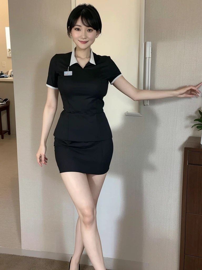 Highest quality、masterpiece、8k、Very detailed、Realistic、Looking at me with a smile、whole body、Black Hair、Short Hair、Small face、Slender、Big Breasts、Thin and beautiful legs、narrow and constricted waist,、(Tight nurse uniform:1.2)