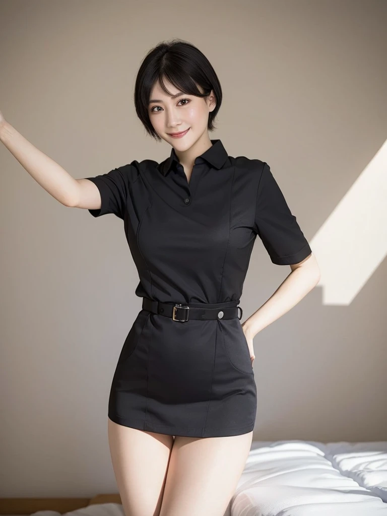 Highest quality、masterpiece、8k、Very detailed、Realistic、Looking at me with a smile、whole body、Black Hair、Short Hair、Small face、Slender、Big Breasts、Thin and beautiful legs、narrow and constricted waist,、(Tight nurse uniform:1.2)