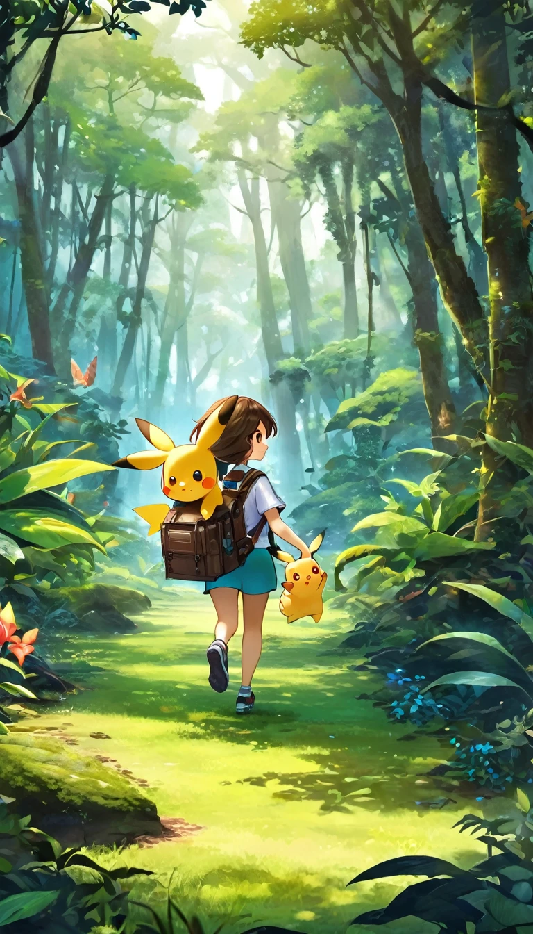 score_9, score_8_superior, score_7_superior, score_6_superior, score_5_superior, score_4_superior, BREAK、Highest quality:1.2、masterpiece、Highly detailed CG unit wallpaper、High resolution、BREAK、Jungle Adventure、Subtropical plants、Mysterious Jungle、Wilderness、Explorer's attire、Sharp Eyes、One Girl、Walking、Densely grown grass、Pikachuと一緒に歩く、Pikachu、小さいPikachu