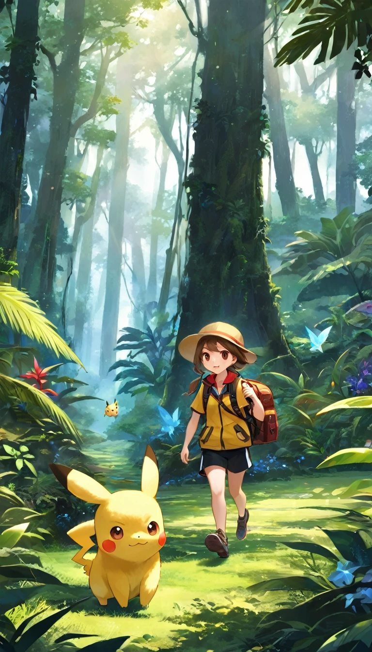 score_9, score_8_superior, score_7_superior, score_6_superior, score_5_superior, score_4_superior, BREAK、Highest quality:1.2、masterpiece、Highly detailed CG unit wallpaper、High resolution、BREAK、Jungle Adventure、Subtropical plants、Mysterious Jungle、Wilderness、Explorer's attire、Sharp Eyes、One Girl、Walking、Densely grown grass、Pikachuと一緒に歩く、Pikachu、小さいPikachu