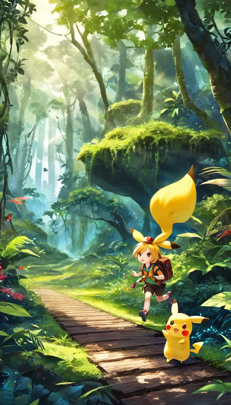 score_9, score_8_superior, score_7_superior, score_6_superior, score_5_superior, score_4_superior, BREAK、Highest quality:1.2、masterpiece、Highly detailed CG unit wallpaper、High resolution、BREAK、Jungle Adventure、Subtropical plants、Mysterious Jungle、Wilderness、Explorer's attire、Sharp Eyes、One Girl、Walking、Densely grown grass、Pikachuと一緒に歩く、Pikachu、小さいPikachu