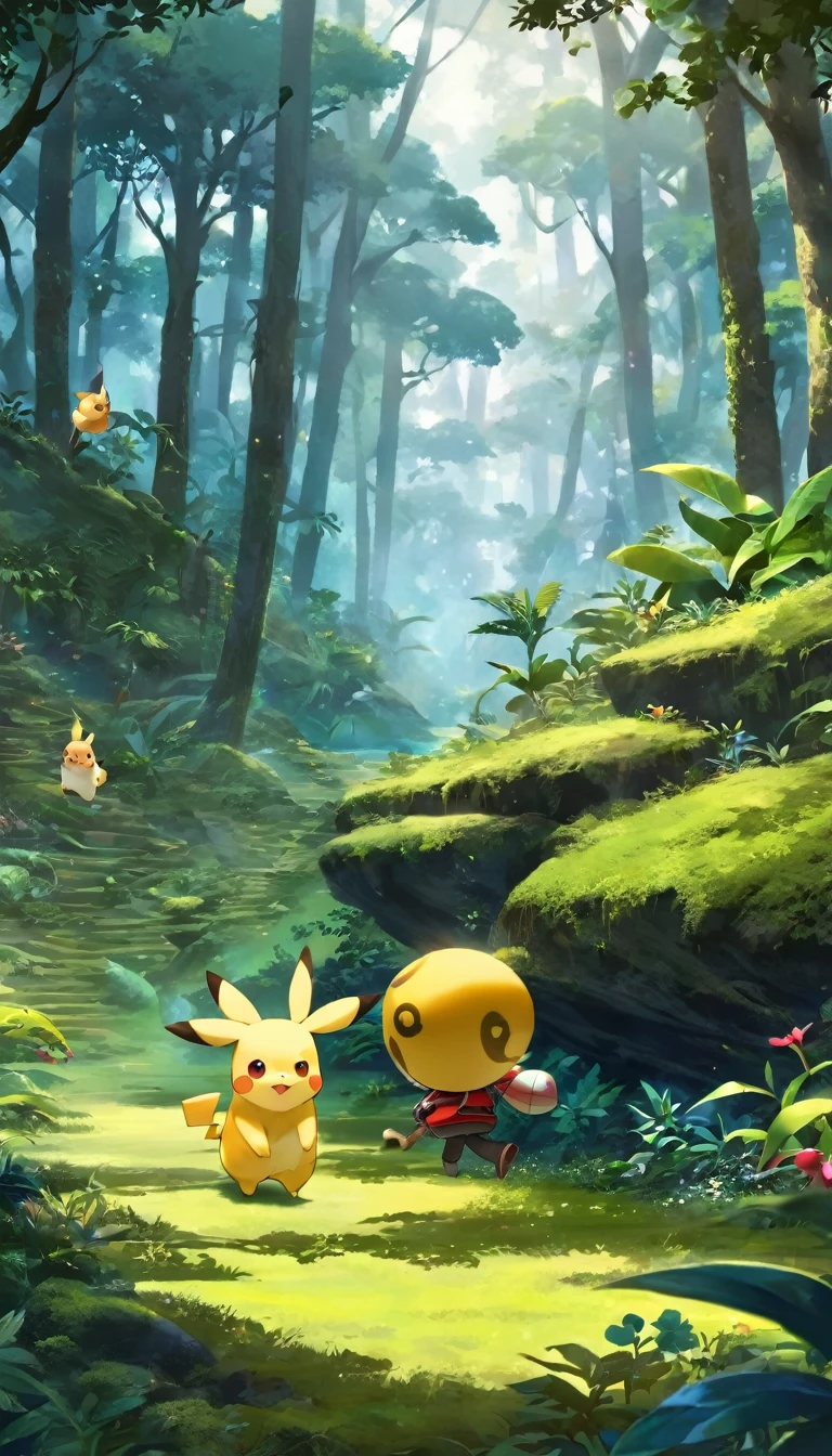 score_9, score_8_superior, score_7_superior, score_6_superior, score_5_superior, score_4_superior, BREAK、Highest quality:1.2、masterpiece、Highly detailed CG unit wallpaper、High resolution、BREAK、Jungle Adventure、Subtropical plants、Mysterious Jungle、Wilderness、Explorer's attire、Sharp Eyes、One Girl、Walking、Densely grown grass、Pikachuと一緒に歩く、Pikachu、小さいPikachu
