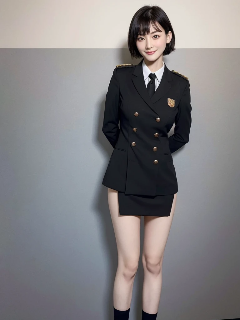 Highest quality、masterpiece、8k、Very detailed、Realistic、Looking at me with a smile、whole body、Black Hair、Short Hair、Small face、Slender、Big Breasts、Thin and beautiful legs、narrow and constricted waist,、(Tight reception uniform:1.2)