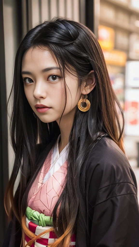 Cute Japanese woman, (), (Very cute face: 1.3), White and moisturized skin,
BREAK,
Fighter, Kung Fu fighter, Idol,
BREAK,
(Wearing cute kimono: 1.3), (Very revealing kimono), Very large earrings, Short length,
BREAK,
(Long hair), (Gray hair), (Wavy hair), (Gradient pink hair: 1.3), (Red hair at the ends),
BREAK,
(Realistic: 1.3), Masterpiece, Perfect lighting, (Ultra high resolution), (8K), (Very detailed: 1.4), (From the front), Looking at the camera, Melancholic expression, (Full body),
BREAK,
(Japanese city streets: 1.2), (Great fire in the background),
BREAK,
(Demon Slayer: 1.4),
BREAK,
(Hellfire: 1.2), Demon,