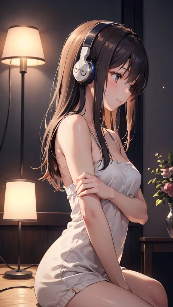 Close-up shot of a girl's profile, gazing off-camera with her eyes closed and a subtle smile as she listens to music on headphones. The dimly lit room is bathed in a warm, soft glow from a table lamp or string lights. Her relaxed posture and gentle expression convey a sense of serenity and escape into the musical world.