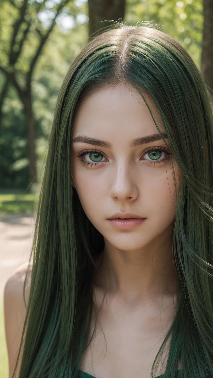 a girl. face sent feeling. Europe. Oval face. long face. delicate facial features. gentle eyes. seductively seductive. green eyes. long straight hair. voluminous. green hair. expression is very sad. looking passionately. shy. straight face. outdoor