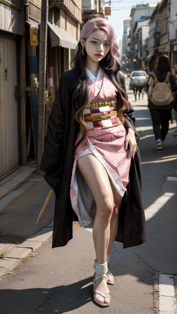 Cute Japanese woman, (16 years old), (Very cute face: 1.3), White and moisturized skin,
BREAK,
Fighter, Kung Fu fighter, Idol,
BREAK,
(Wearing cute kimono: 1.3), (Very revealing kimono), Very large earrings, Short length,
BREAK,
(Long hair), (Gray hair), (Wavy hair), (Gradient pink hair: 1.3), (Red hair at the ends),
BREAK,
(Realistic: 1.3), Masterpiece, Perfect lighting, (Ultra high resolution), (8K), (Very detailed: 1.4), (From the front), Looking at the camera, Melancholic expression, (Full body),
BREAK,
(Japanese city streets: 1.2), (Great fire in the background),
BREAK,
(Demon Slayer: 1.4),
BREAK,
(Hellfire: 1.2), Demon,