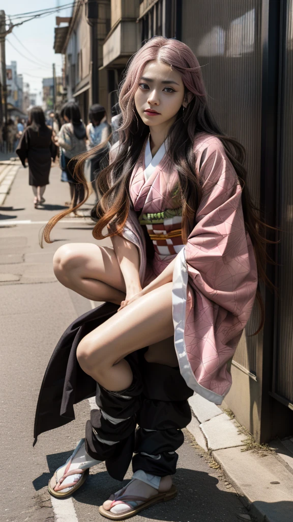 Novinha, melhor qualidade, nezuko, vestido rosa, cabelo preto, cabelo longo, sensual, sexy, olho rosa, rosto lindo, Asian