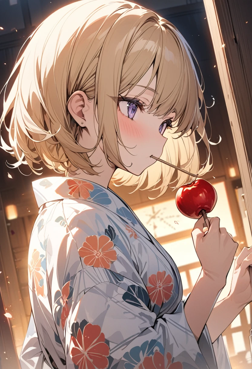 1 girl, 18yo, (flat chest: 1.5), blue eyes, light brown hair, bob cut, summer outfit, smile, open mouth, standing, upper body, (various pose:1.5), summer festival, holding candy apples with stick, crowd, night, 8k, RAW photo, best quality, masterpiece, extremely detailed 8k wallpaper, ultra-detailed, best shadow, detailed background, beautiful detailed face, beautiful detailed eyes, nice hands, perfect hands