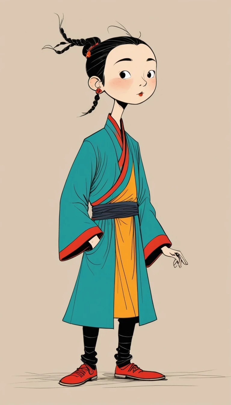 (((Exaggerated digital character sketches:1.37))).(China-Qing Dynasty Prince-Long Braid),(Black sketch lines,Loose brushstrokes create the outline,Cartoon Style. Bright colors and simplified lines, sketch)。(Exaggerated body movements,Long legs),(fear)