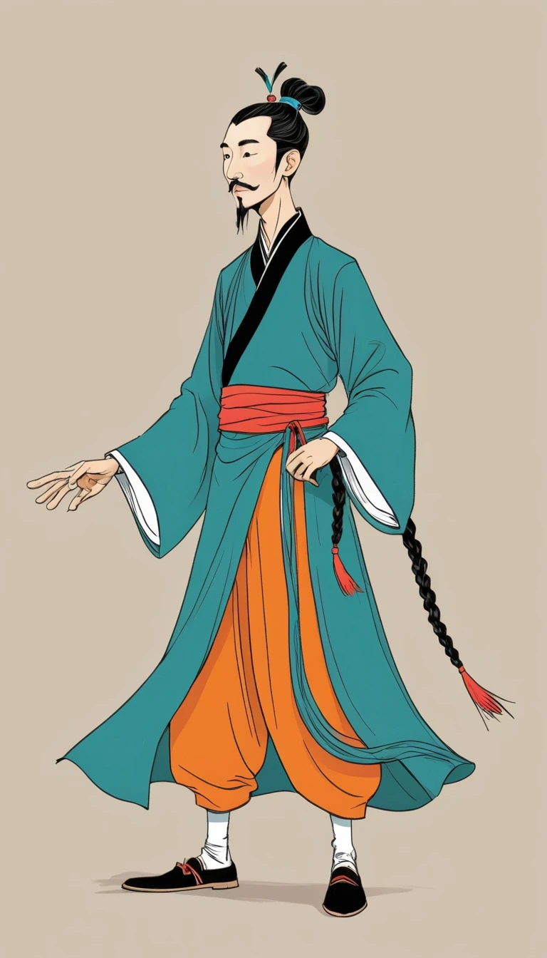 (((Exaggerated digital character sketches:1.37))).(China-Qing Dynasty Prince-Long Braid)，(Black sketch lines，Loose brushstrokes create the outline，Cartoon Style. Bright colors and simplified lines, sketch)。(Exaggerated body movements，Long legs),(fear）