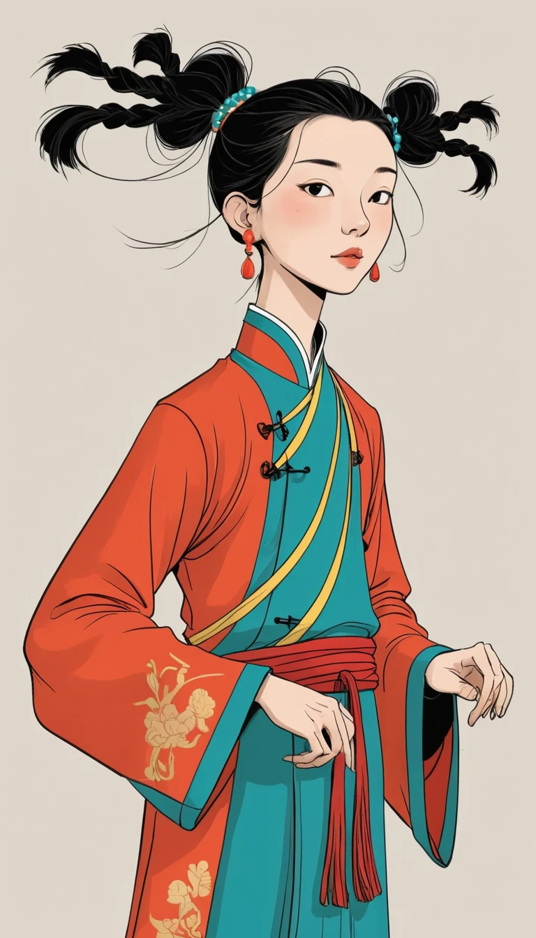 (((Exaggerated digital character sketches:1.37))).(China-Qing Dynasty Prince-Long Braid)，(Black sketch lines，Loose brushstrokes create the outline，Cartoon Style. Bright colors and simplified lines, sketch)。(Exaggerated body movements，Long legs),(fear）