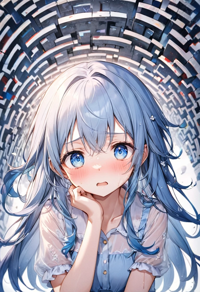 (Maze:1.3 of Chaos style), (Be confused), (soro:2, 15 yo, forehead blue hair long hair cute girl, lovely blue eyes, confused face, sweaty skin), in a summer Neat blouse, BREAK, perfect anatomy, masterpiece, best quality, 16k, beautiful detailed fear, daydreaming expression.