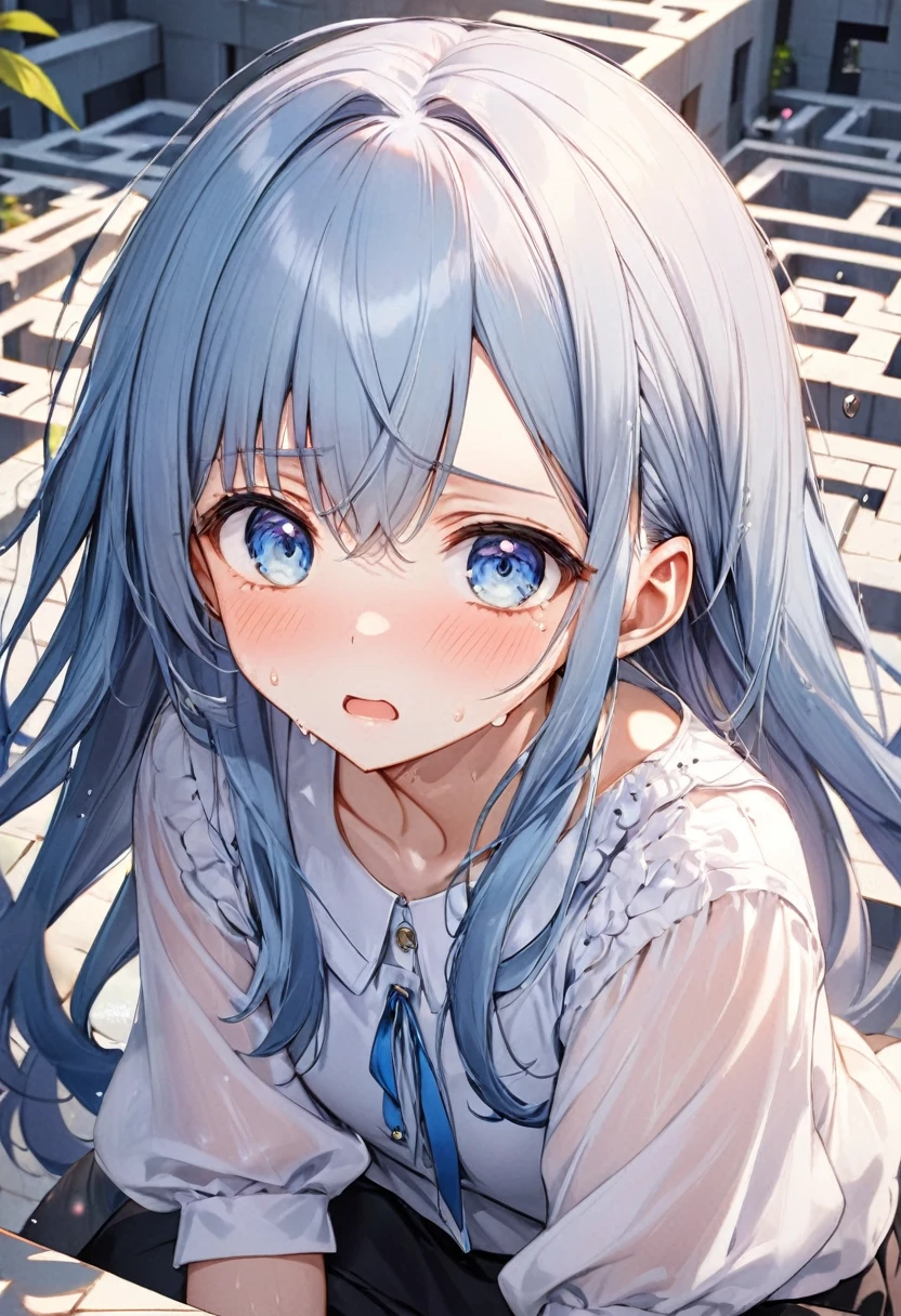 (Maze:1.3 of Chaos style), (Be confused), (soro:2, 15 yo, forehead blue hair long hair cute girl, lovely blue eyes, confused face, sweaty skin), in a summer Neat blouse, BREAK, perfect anatomy, masterpiece, best quality, 16k, beautiful detailed fear, daydreaming expression.