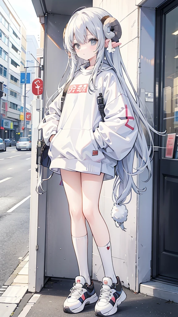 Sheep themed characters, Wearing big sneakers, サイバーパンク, Ram's horn, Keep the background simple, Magazine cover design, パステルピンクのイメージカラー, Keep the background simple, cloud hair, light smile, closed eyes, Plain background, Magazine Cover, ピンクのイメージカラー, Pastel pink hair, pink hair, projected inset, UHD, highres, best quality, 8k