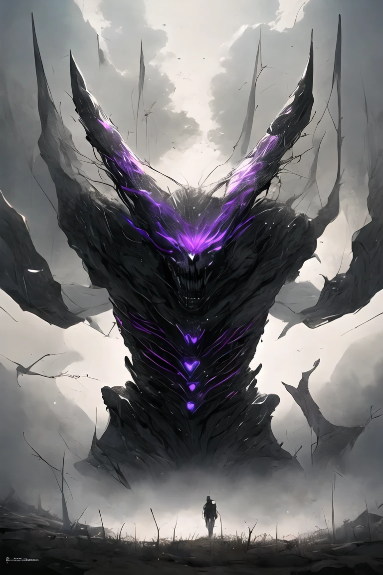 (((Highest quality)))(((High image quality)))外見は黒いfog,Put on your armor,Modern Battle Suit(((detailed)))The shape is humanoid,Modern weapons(((detailed)))Eyes glowing red,The shape is made of glowing purple hearts..(((detailed)))The skeleton is human-like、Muscle fibers are visible.,fogのようなもので獲物を探す(((detailed)))Barren Land,dead tree,fog,Chaotic world(((detailed)))Battle Scenes,overwhelmingly strong,Highest quality。