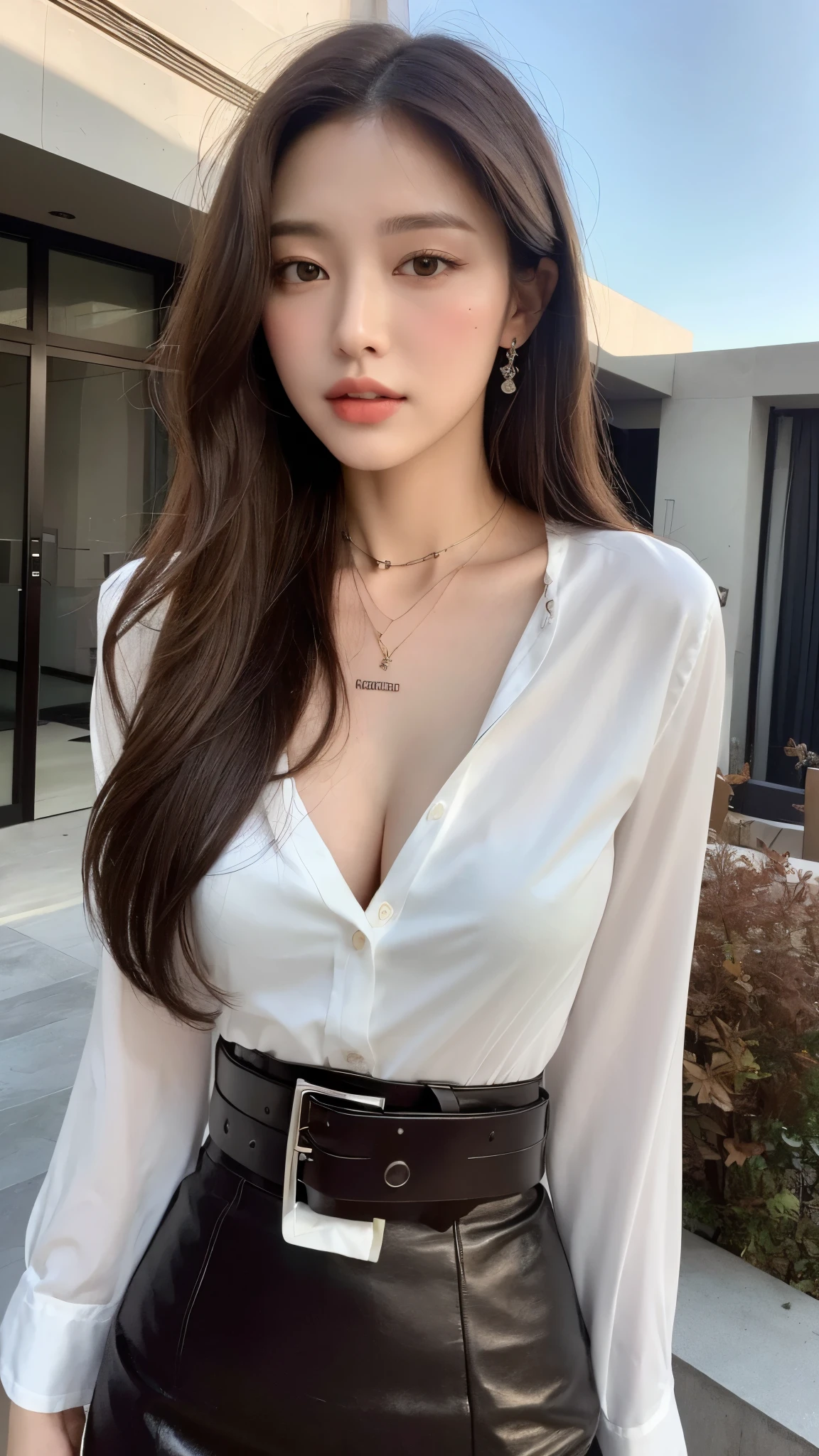 (best quality, high resolution, masterpiece :1.3), tall and pretty girl, slim abs, Dark brown hair wavy style, chest, wearing pendants, white button-up shirt, belt, black skirt, (modern architecture on background), Delicately expressed details, face, Including skin texture, detailed eyes, double eyelid, whole body