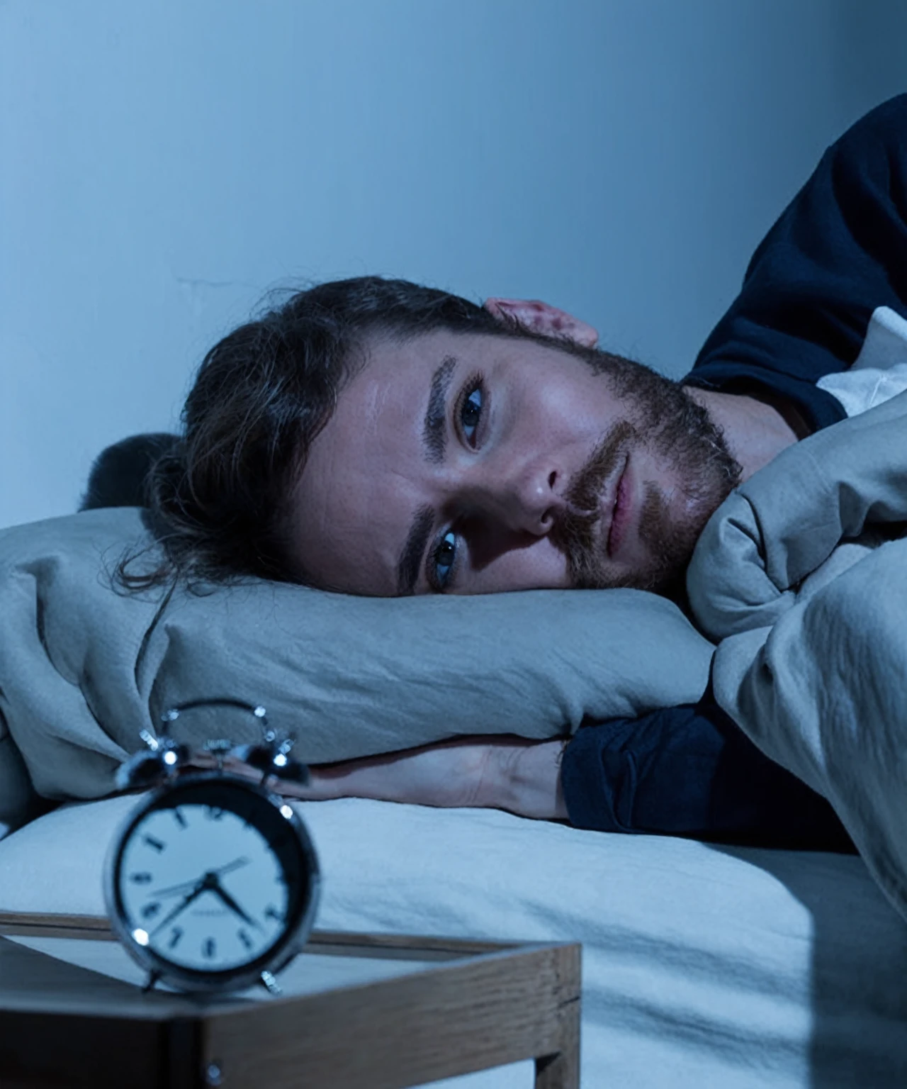 There's a man lying in bed with a clock next to him, night time, night time, night time, Insomnia, someone at home sits on the bed, at night time, movie still tired, at night, sleep paralysis, photo shot, how they are, someone sits on the bed, it's late at night, during at night, still photo, night time