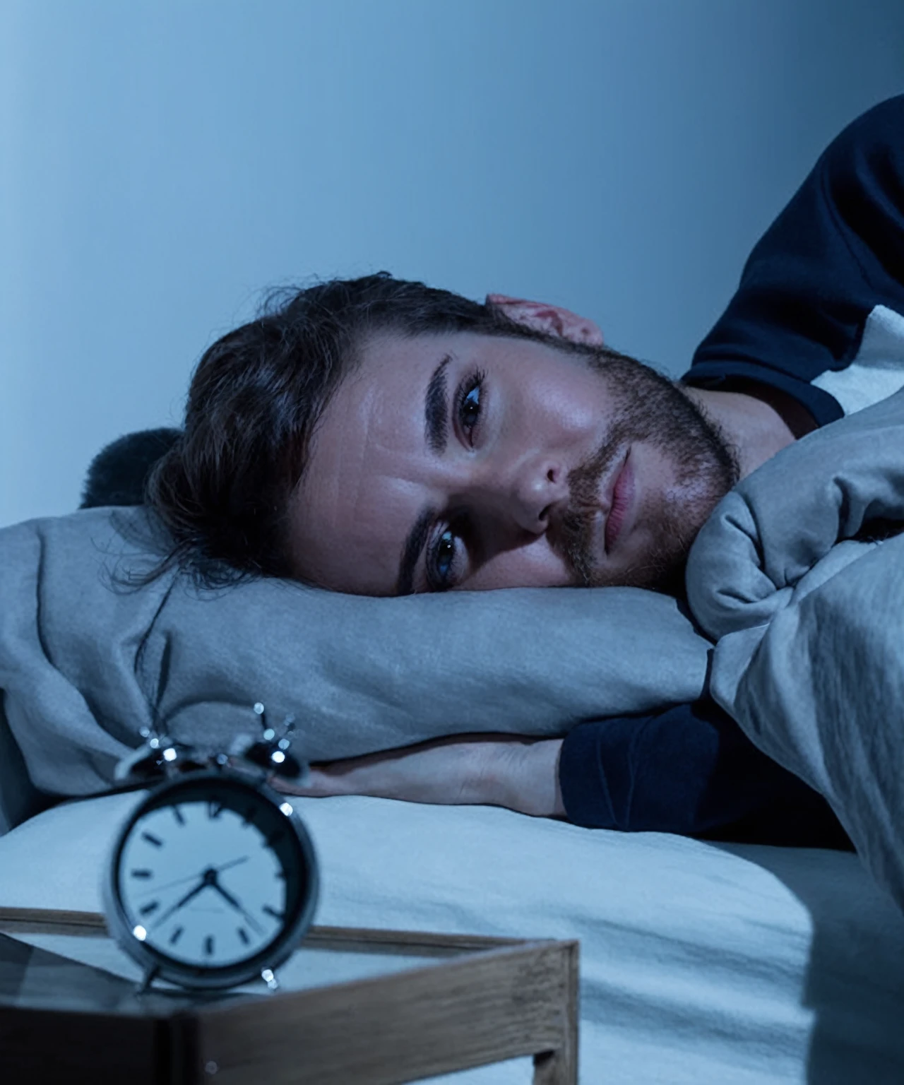 There&#39;s a man lying in bed with a clock next to him, night time, night time, night time, Insomnia, someone at home sits on the bed, at night time, movie still tired, at night, sleep paralysis, photo shot, how they are, someone sits on the bed, it's late at night, during at night, still photo, night time