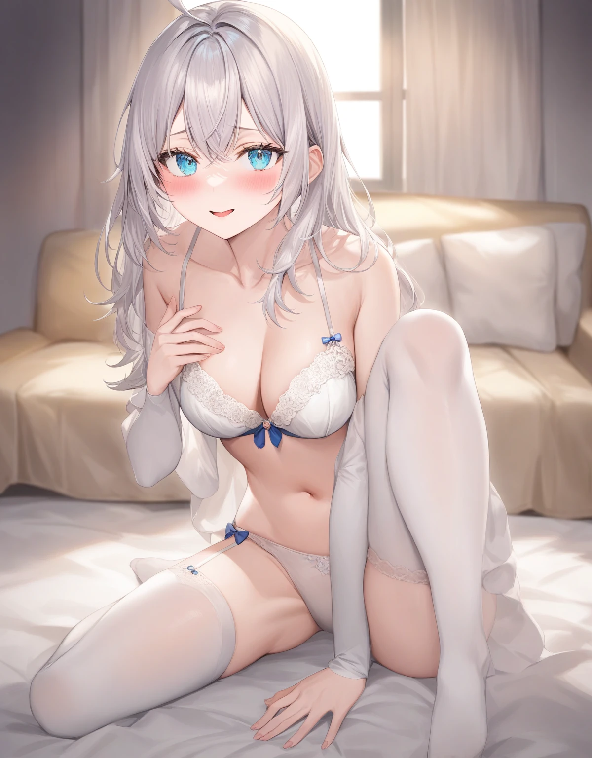 A girl, alisa mikhailovna kujo,tomorrow,alone, by the wide, Eyebrows visible through hair., hair between the eyes, silver hair, blue eyes, medium chest,white underwear,long white stockings, white underwear, without clothes See your viewers, of the highest quality, so beautiful