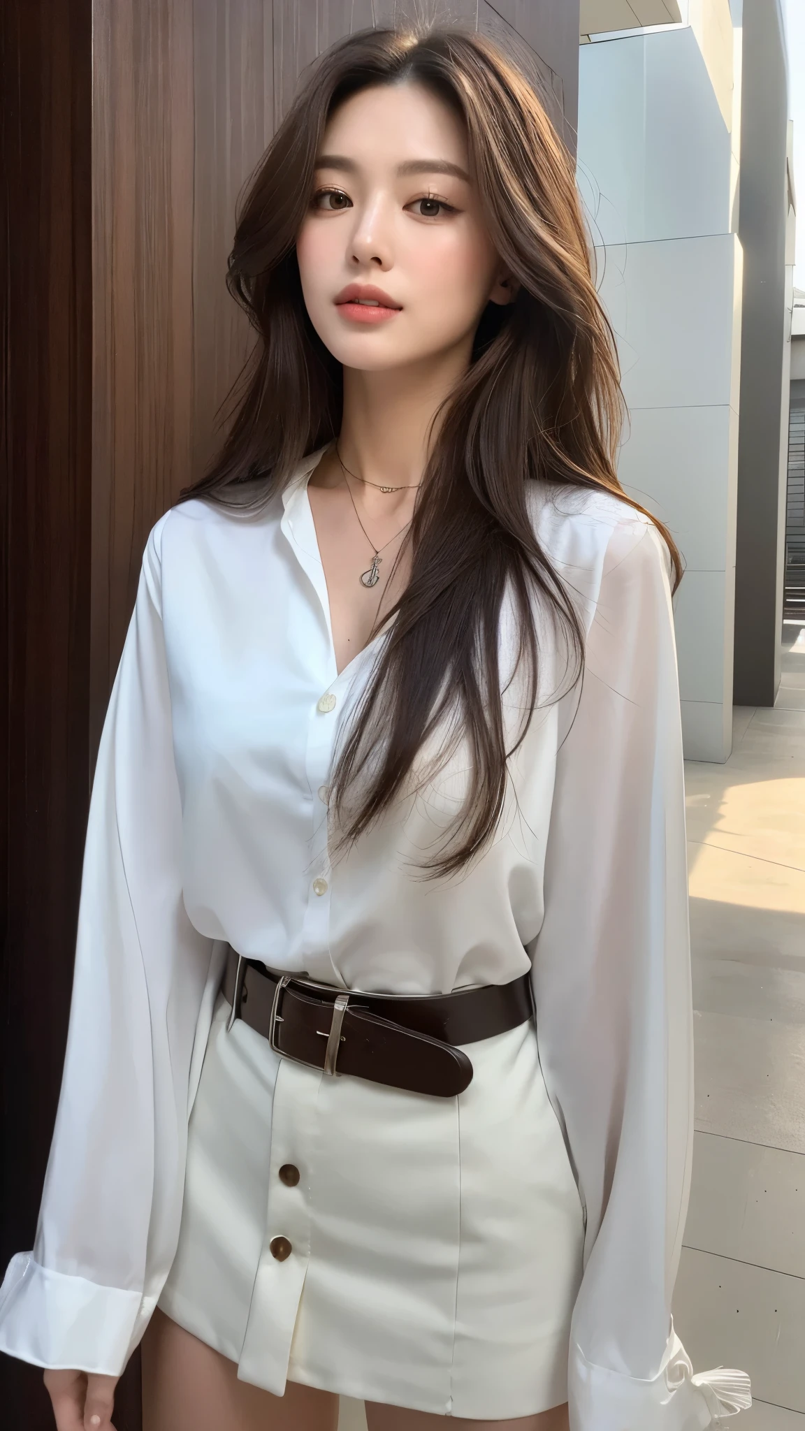 (best quality, high resolution, masterpiece :1.3), tall and pretty girl, slim abs, Dark brown hair wavy style, chest, wearing pendants, white on-up shirt, belt, black skirt, (modern architecture on background), Delicately expressed details, face, Including skin texture, detailed eyes, double eyelid, whole body