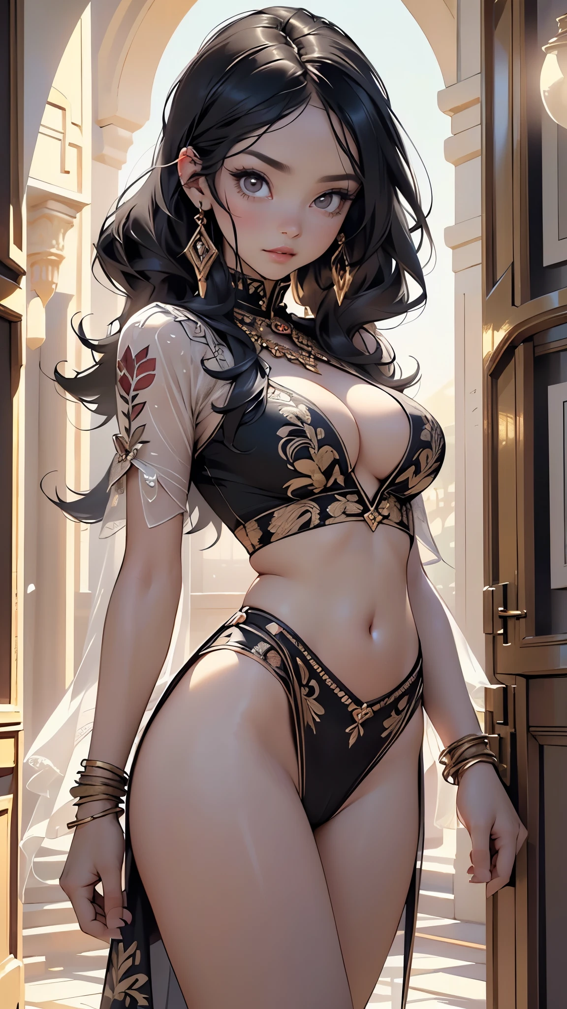 Mulher, cantora pop, garota, com microfone, glamurosa, negra, cabelos cacheados compridos, salto alto Luiz XV, corpo inteiro, moderna, roupas luxuosa, na moda, brilho e glamour