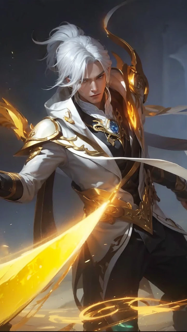 The picture shows the character of a handsome man with white hair, dressed in white and gold, holding a golden sword. She was surrounded by a magical aura and had an expression full of grace.