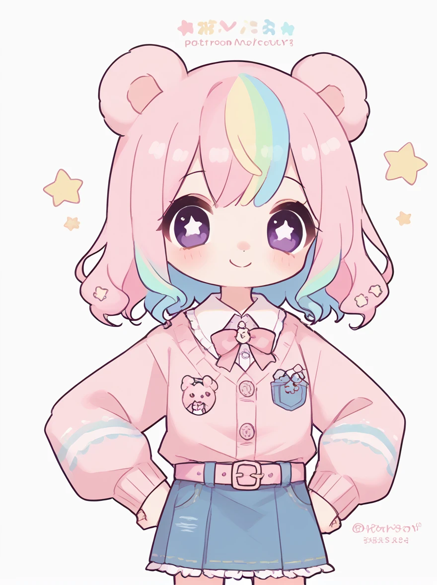 score_9, score_8_up, score_7_up, score_6_up, score_5_up, score_4_up, source_anime, rating_safe,

1girwhite background, cowboy shot, looking at viewer,baby blue jean skirt with pink belt,pastel pink cardigan with buttons and a pastel pink bow,pastel multicolor hair, purple eyes, tiny bear ears, bear ears,pastel rainbow hair, star shaped eyes, proud smile, cute,, hands on hips pose,