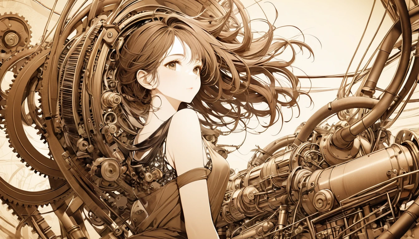 rough pencil art, beautiful woman made entirely of machinery, conceptual installation art, 2.5D, delicate and dynamic, contrast effects, gradation effects, filter effects, sepia effects, Illustration art, drawing art, graphic art