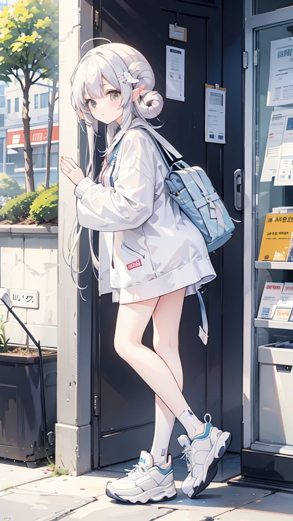 Sheep themed characters, Wearing big sneakers, サイバーパンク, Ram's horn, Keep the background simple, Magazine cover design, パステルピンクのイメージカラー, Keep the background simple, cloud hair, light smile, closed eyes, Plain background, Magazine Cover, ピンクのイメージカラー, Pastel pink hair, pink hair, projected inset, UHD, highres, best quality, 8k