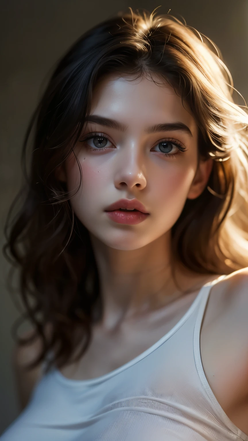 (((Surreal))) photo, masterpiece, Top quality, (Pale skin), (Extremely detailed face and eyes:1.3), 1 girl, aldult, Wearing T-shirt, whole body, (Eye Makeup, mascara) , ((Big, detailed lips)), ((Gray wavy hair)), ((Chiolca)) , (natural breast), Slim waist. ((Strike a pose)), photo拍摄, studio (Soft lighting), (The interpretation of light and shadow), Depth of Field, Bokeh, (Pay special attention to skin details: 1.2), detailed leather texture, Skin pores. (Airy atmosphere of the frame. Color Range - Delicate, bright, White, Pink), PhD, ((Film Grain)), ((Light)), ((太阳的Light)), ((Waist Up Portrait, Close to the camera)) , Super Fine,
