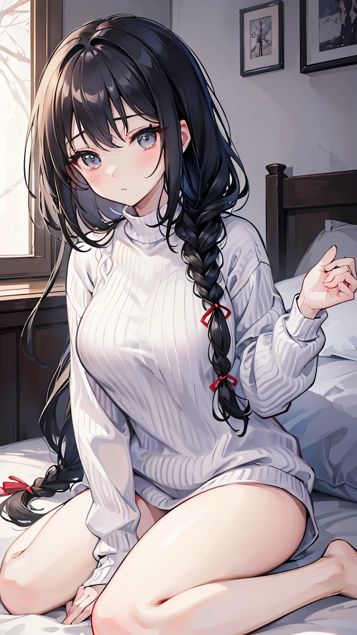 (masterpiece、Highest quality、Very detailed))、One girl、Black Hair、Long Hair、Wavy Hair、blunt bangs、Grey Eyes、evilsmile、((Grin))、((lots of piercing))、((Pointed Ears))、Large Breasts、((white sweater))、((black panties))、wariza、Sit flat、On the bed、Bedroom Background