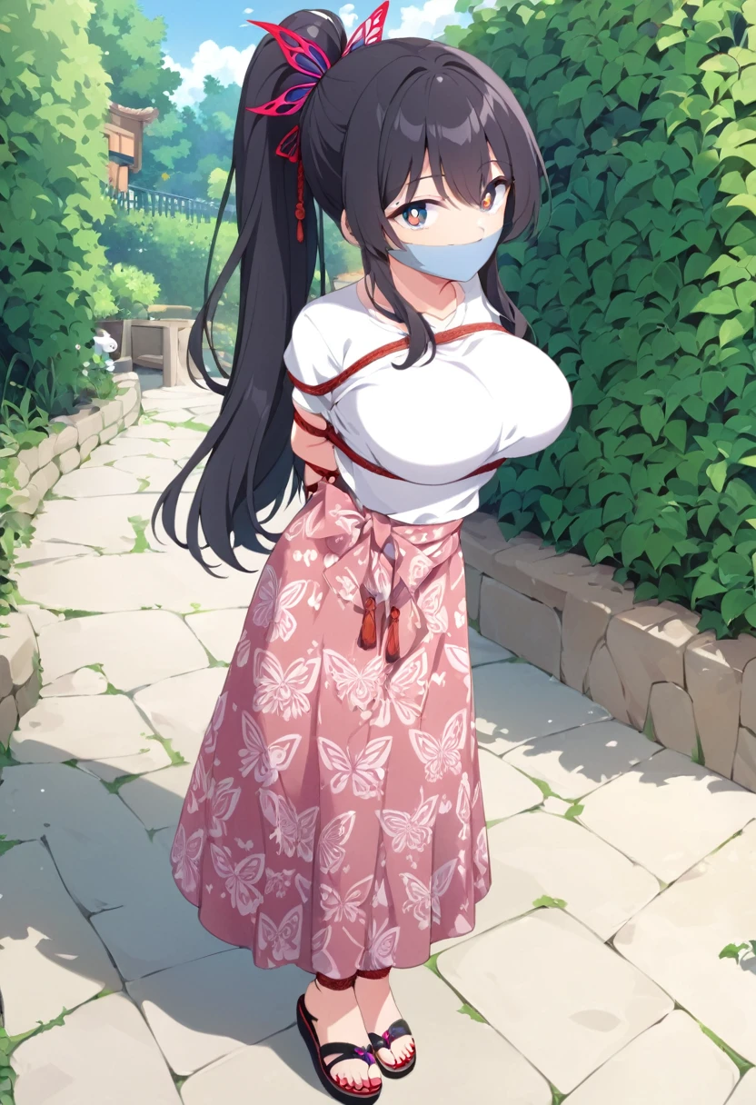 score_9, score_8_up, source_anime, 1girl, solo,The photo shows a young person standing outdoors, They are smiling and wearing a white t-shirt with a design featuring a rabbit and text, paired with a patterned purple sarong or long skirt and sandals. The background appears to be a garden or a green outdoor area..(bound wirsts), (arms behind back), (tapegag, tape gag), dramatic, (looking at viewer), (detailed pupils:1.3), ,red rope, thick rope,normal breast,full body ,long hair,black hair,ponytail hair, butterfly hair tie