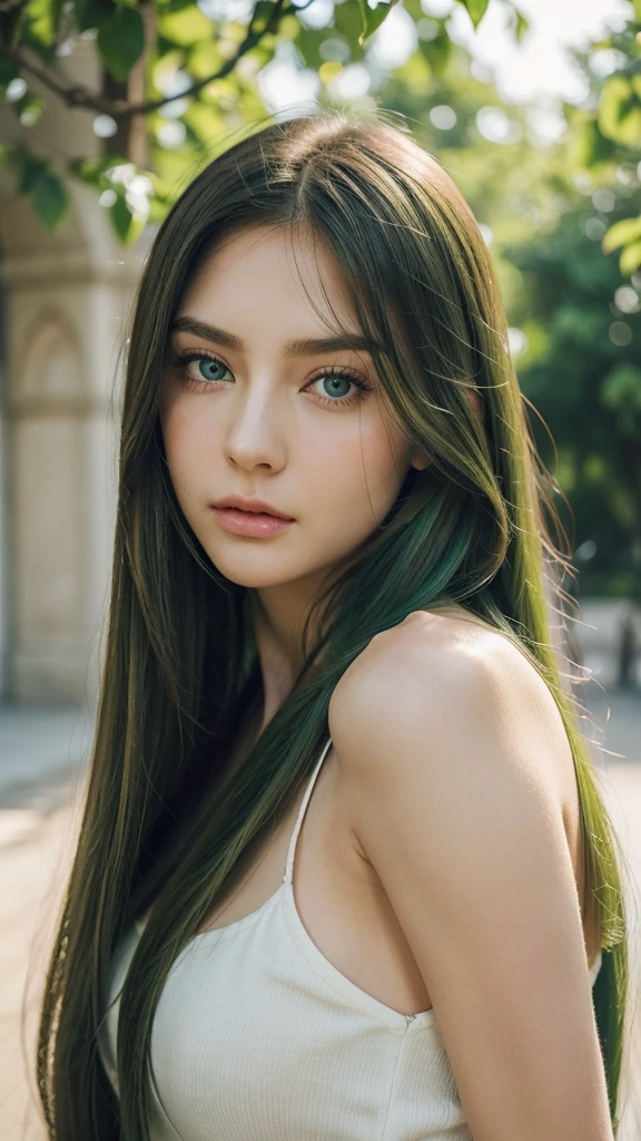 a girl.  face sent feeling.  Europe.  Oval face.  long face.  delicate facial features.  gentle eyes.  seductively seductive.  green eyes.  long straight hair.  voluminous.  green hair.  expression is very sad.  looking passionately.  shy.  straight face.  outdoor