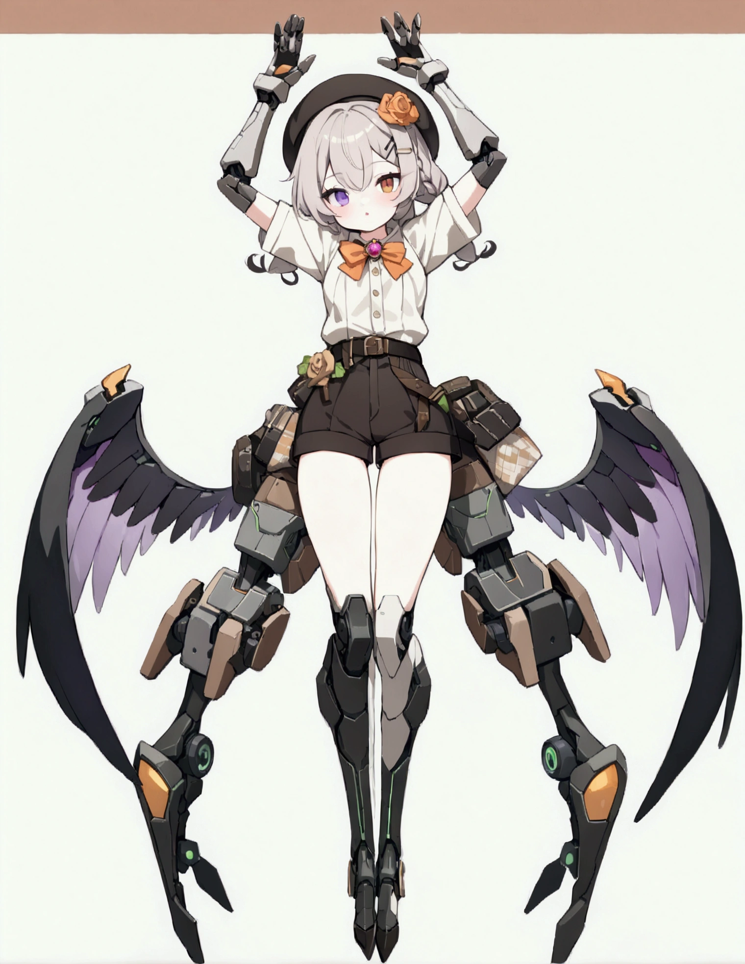 woman 165cm tall, slim build, , charming look, ((heterocromia: look like, derecho naranja y look like izquierdo violeta)), (Shoulder Length Wavy Gray Hair, a short braid on the left side of the hair, big open bangs, golden gear hairpin in hair), (((complex mechanical legs up to the hip, The legs are black with gray parts with small pink details))), (((complex mechanical arms up to the elbows, The arms are black with gray parts with small pink details))), (complex white mechanical angel wings with pastel green parts), (elegant black French beret with an orange rose ribbon), (stylish short sleeve button down shirt, shorts with small gear decorations, elegant black belt with orange parts, small rose brooch in the middle of the bust, beautiful mechanical stiletto heels), (((character design sheet: Front view))), (((Whole body))), extremely detailed beautiful hair, beautiful detailed clothing, extremely detailed arms, extremely detailed face, (Extremely detailed hands), perfect hands, small face, hermosos look likes detallados, beautiful detailed lips, adorable, extremely detailed legs, (Best Quality, 8k, ultra resolution), ultra detailed, Exquisite and epic character art, ((Pastel brown background)), (Focus on symmetry), (extremely detailed wings).