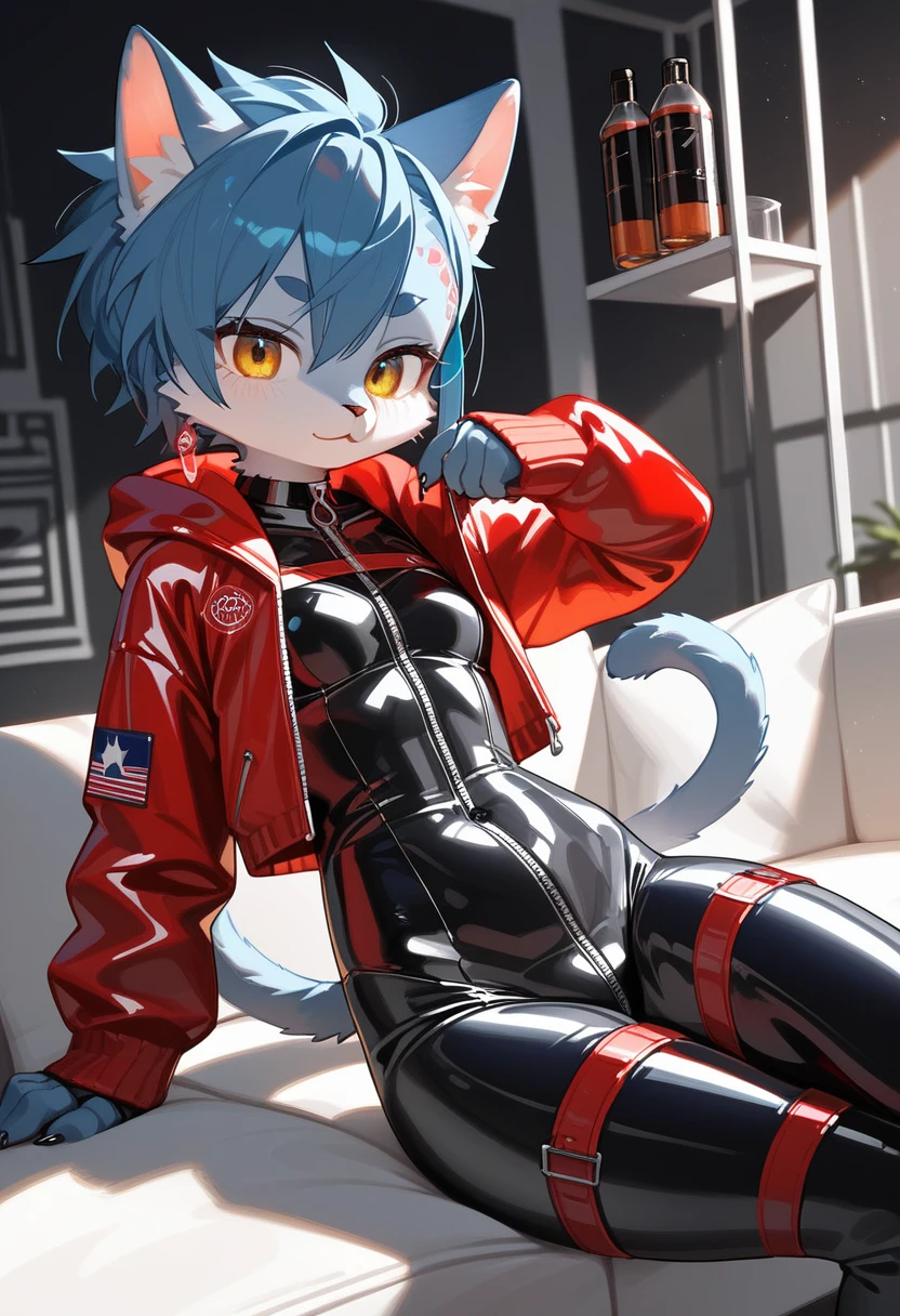 Highest quality, Highest quality, High quality illustrations, masterpiece, Ultra-high resolution, Detailed Background, room, Absurd, Perfect Anatomy, performance, Good lighting, Shadows in the movies(kemono, Furry PersonifiCation), Cat, Rubber Suit, latex, neon, neonライト, neonカラー, Bodysuits, Cyber Suit, cyber punk, Red Rubber Hoodie, Sit on the sofa, Drink a bottle, Earrings, Tattoo, Dynamic Angle