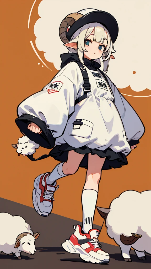 Sheep themed characters, Wearing big sneakers, サイバーパンク, Ram's horn, Keep the background simple, Magazine cover design, パステルピンクのイメージカラー, projected inset, UHD, highres, best quality, 8k