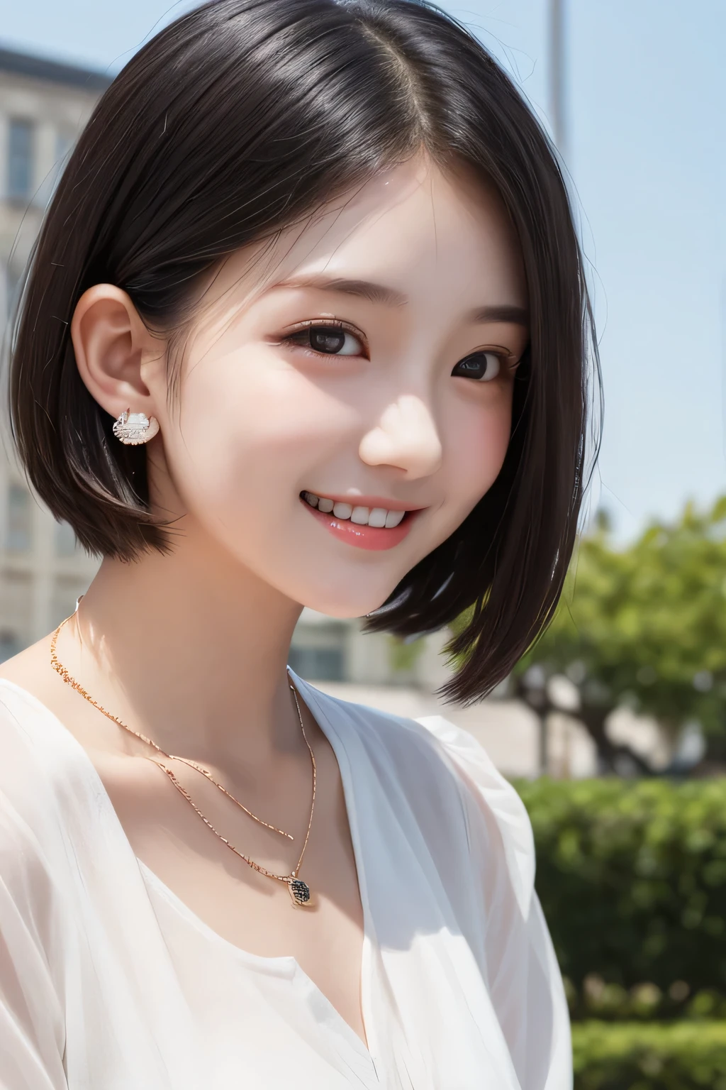 masutepiece, Best Quality, One girl, (a beauty girl, Delicate girl:1.3), (16 years old:1.3), Very fine eye definition, ),smile、Beautiful teeth alignment、Black Hair、Short Haircut、Long sleeve blouse、Ear piercing、necklace, , face focus、Background building passage