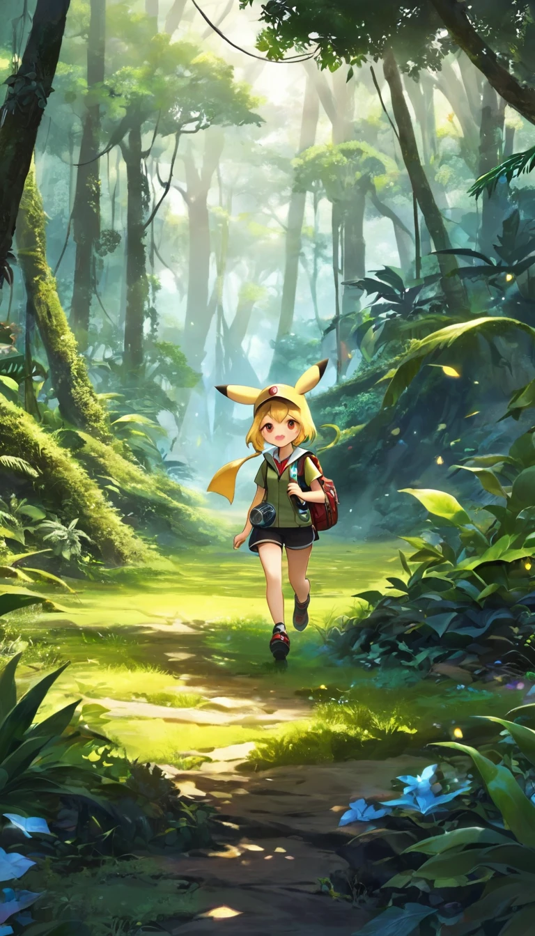 score_9, score_8_superior, score_7_superior, score_6_superior, score_5_superior, score_4_superior, BREAK、Highest quality:1.2、masterpiece、Highly detailed CG unit wallpaper、High resolution、BREAK、Jungle Adventure、Subtropical plants、Mysterious Jungle、Wilderness、Explorer's attire、Sharp Eyes、One Girl、Walking、Densely grown grass、Pikachuと一緒に歩く、Pikachu、小さいPikachu