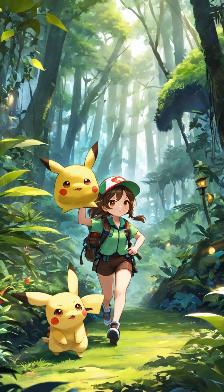 score_9, score_8_superior, score_7_superior, score_6_superior, score_5_superior, score_4_superior, BREAK、Highest quality:1.2、masterpiece、Highly detailed CG unit wallpaper、High resolution、BREAK、Jungle Adventure、Subtropical plants、Mysterious Jungle、Wilderness、Explorer's attire、Sharp Eyes、One Girl、Walking、Densely grown grass、Pikachuと一緒に歩く、Pikachu、小さいPikachu