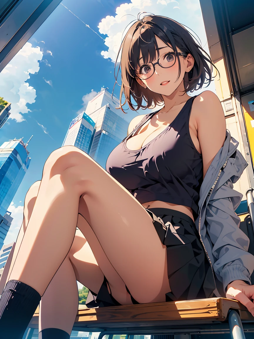 Tabletop, Highest quality, Realistic, In detail, High resolution, 8k wallpaper, Perfect dynamic composition, Beautiful attention to detail, (short hair, Shiny Hair, Wave), Glasses, Hair blowing in the wind, Big ample breasts, Cleavage, Random Pause, ((Cute lightweight jacket)), (Cute and sexy tank top, stylish black,  skirt)、(Breast bulge:1.3), Laughter, Cityscape, Walking in Tokyo, ((Sit with your legs wide apart)), 23 years old、(Droopy eyes)、Adult Beauty、Japanese, ((From below, Photos from a ground-mounted camera)),