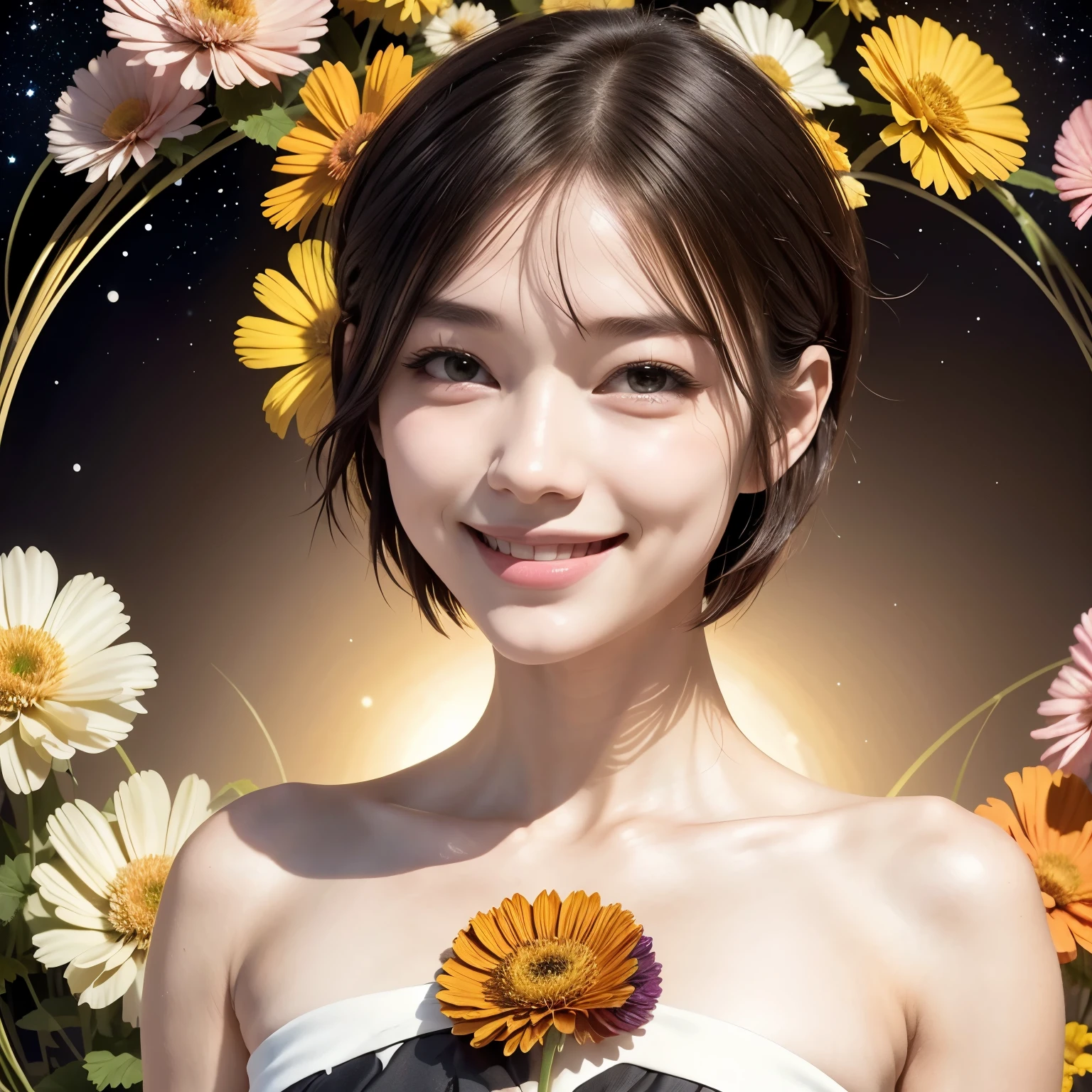 257 20-year-old female, (short hair),(Abstract background,Fractal Art), smile, flower