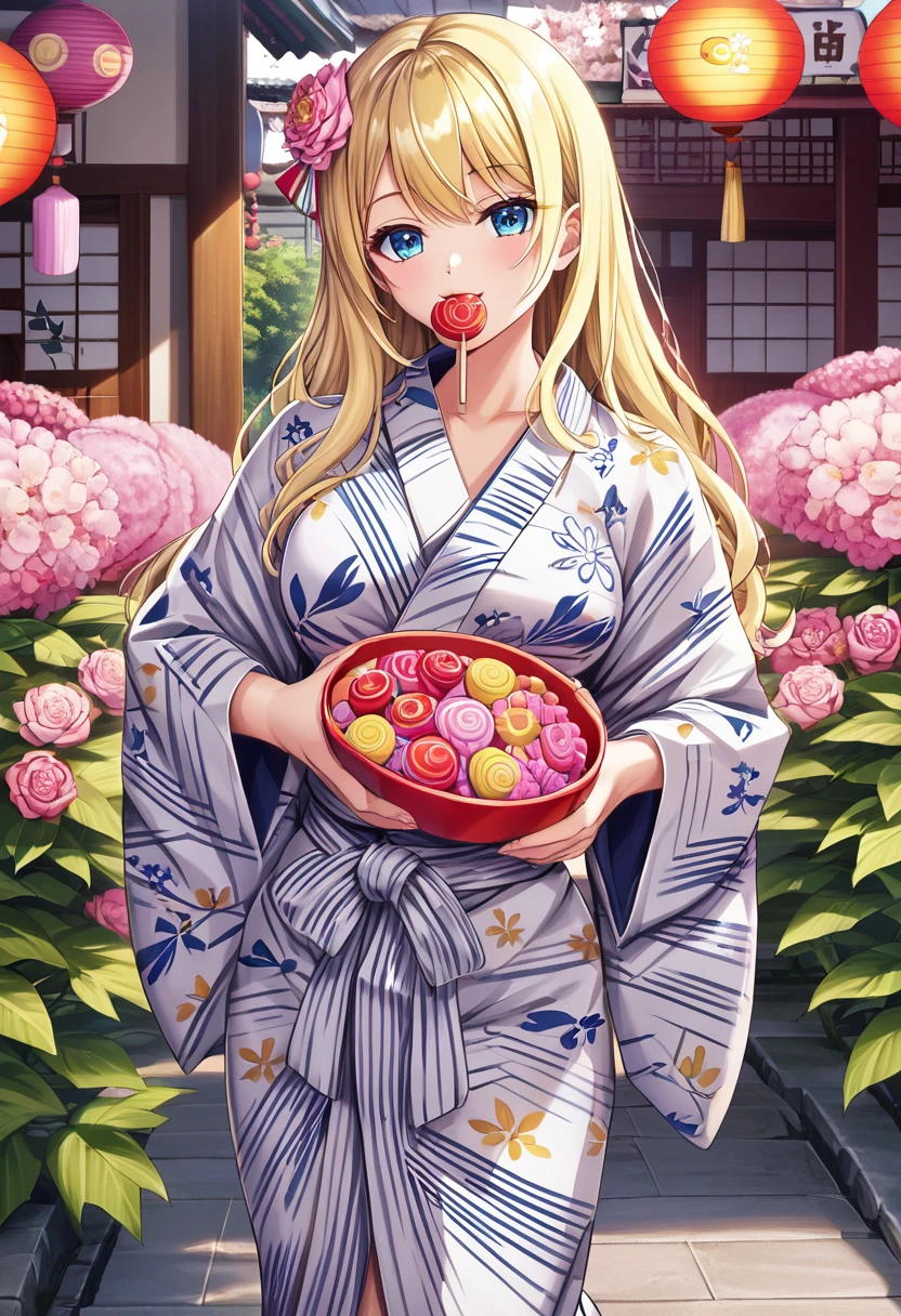 A blonde bob girl is wearing a yukata Of flower pattern(Glittering yukata) and eating apple candy(Japanese Ringo candy),Please draw a beautiful and magnificent picture of the big Ringo candy.masterpiece,best quality,ultra-detailed, illustration, detailed light,an extremely delicate and beautiful,dynamic