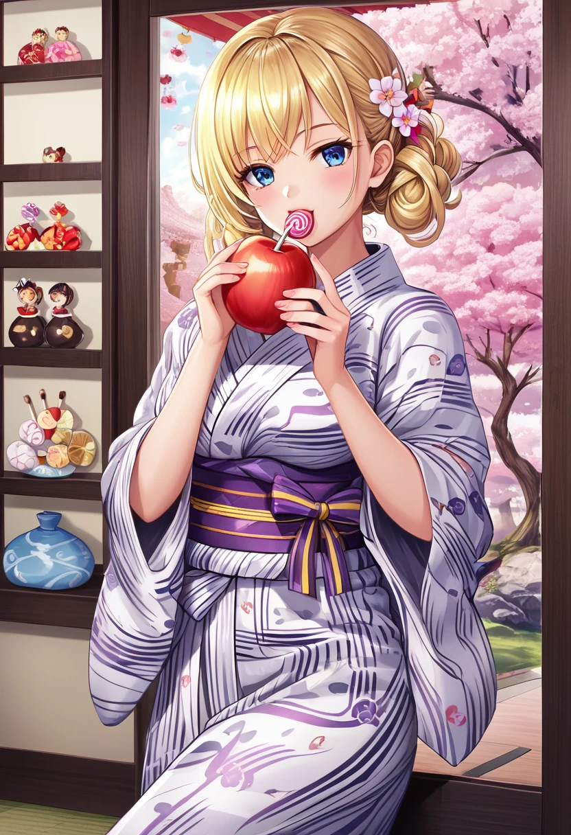A blonde bob girl is wearing a yukata Of flower pattern(Glittering yukata) and eating apple candy(Japanese Ringo candy),Please draw a beautiful and magnificent picture of the big Ringo candy.masterpiece,best quality,ultra-detailed, illustration, detailed light,an extremely delicate and beautiful,dynamic