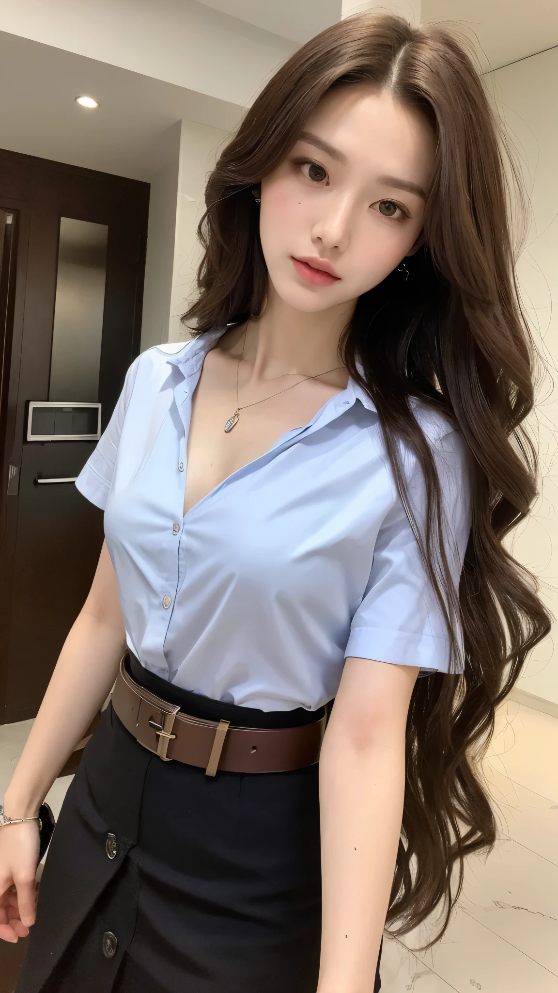 (best quality, high resolution, masterpiece :1.3), tall and pretty girl, slim abs, Dark brown hair wavy style, chest, wearing pendants, white button-up shirt, belt, black skirt, (modern architecture on background), Delicately expressed details, face, Including skin texture, detailed eyes, double eyelid, sexy legs