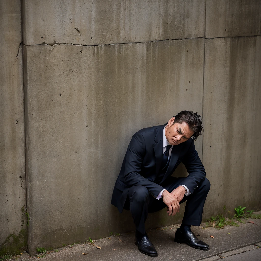 ((Highest quality)), ((masterpiece)), (detailed), One Man, Tired in my early 40s, Stubble, Black business suit, Dirty suit, night, bustling street, Alley, narrow street, Darkness, (Sitting on the ground:1.5), (Leaning against the wall:1.5), (Looking down:1.5), (Term drooping:1.5), Drunk, Science fiction、Near future、
