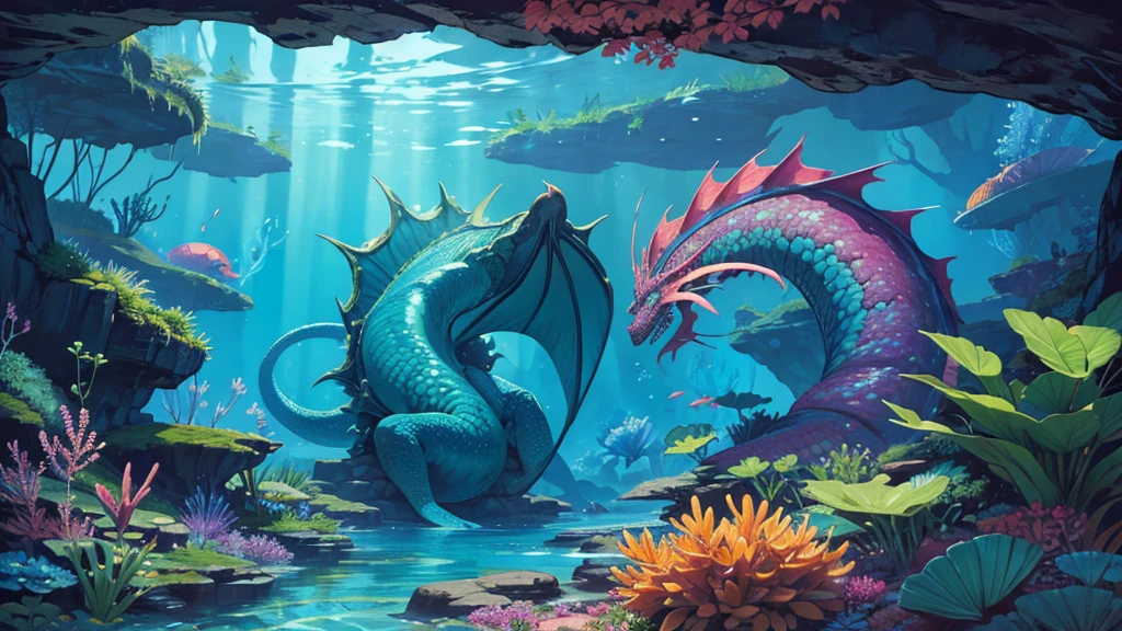 ilustraçao digital rpg Vibrant, underwater scene , dragon-like creature with green scales, The background is a rich, blue underwater environment filled with various fish, plants, and bubbles, creating a lively and magical atmosphere.
