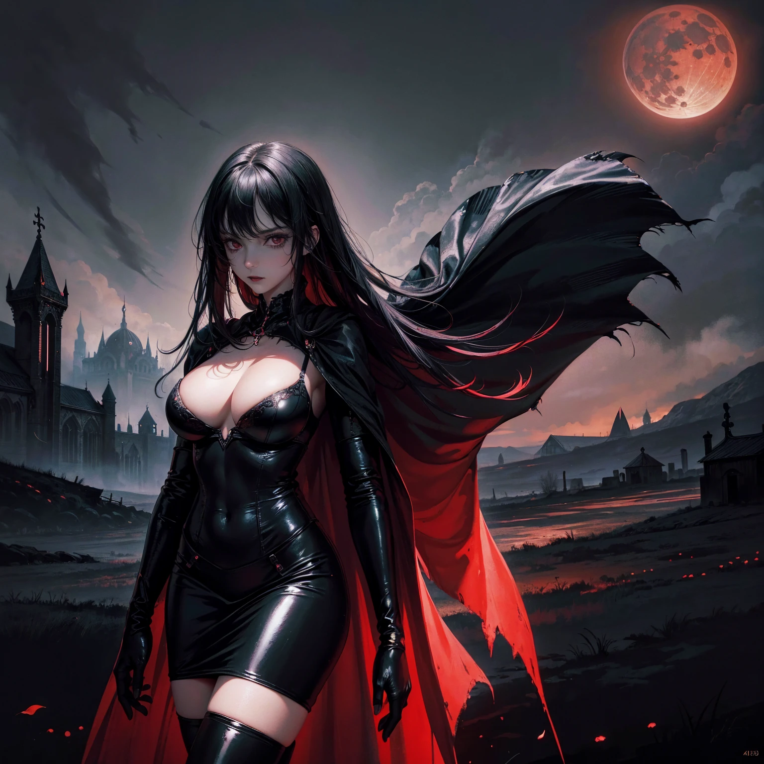 best quality, 4K, high resolution, masterpiece:1.2, Very detailed, actual:1.37, Mood lighting, Girl in a long cape, Only wearing a reflective rubber bra and a reflective latex skirt and a pair of knee-high stockings, Exposes the navel,Shows the skin above the chest, Dangerous sneer, Black Hair, Standing, Facing the camera, Crucified, Pitch black sky, Blood-red moon, strange atmosphere, Gothic style, Unforgettable beauty, Dramatic shadows, Ethereal Light, Mysterious atmosphere.